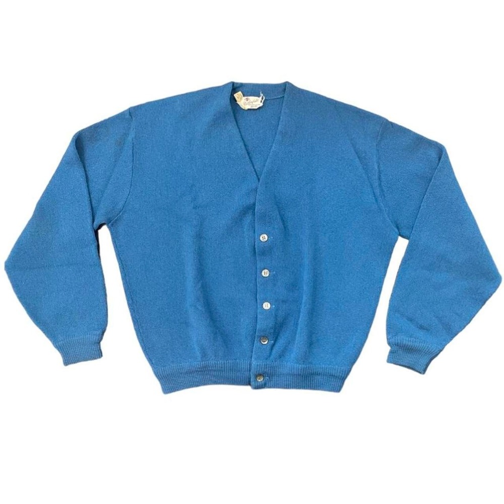 Vintage 70s Netherfields Blue Wool Button Up Cardigan Sweater Mens XL